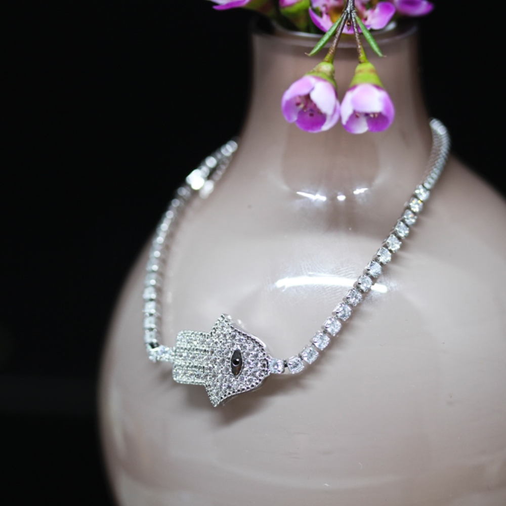 18KT Gold Dipped CZ Pave Hamsa Evil Eye Bracelet - Picture 5 of 8